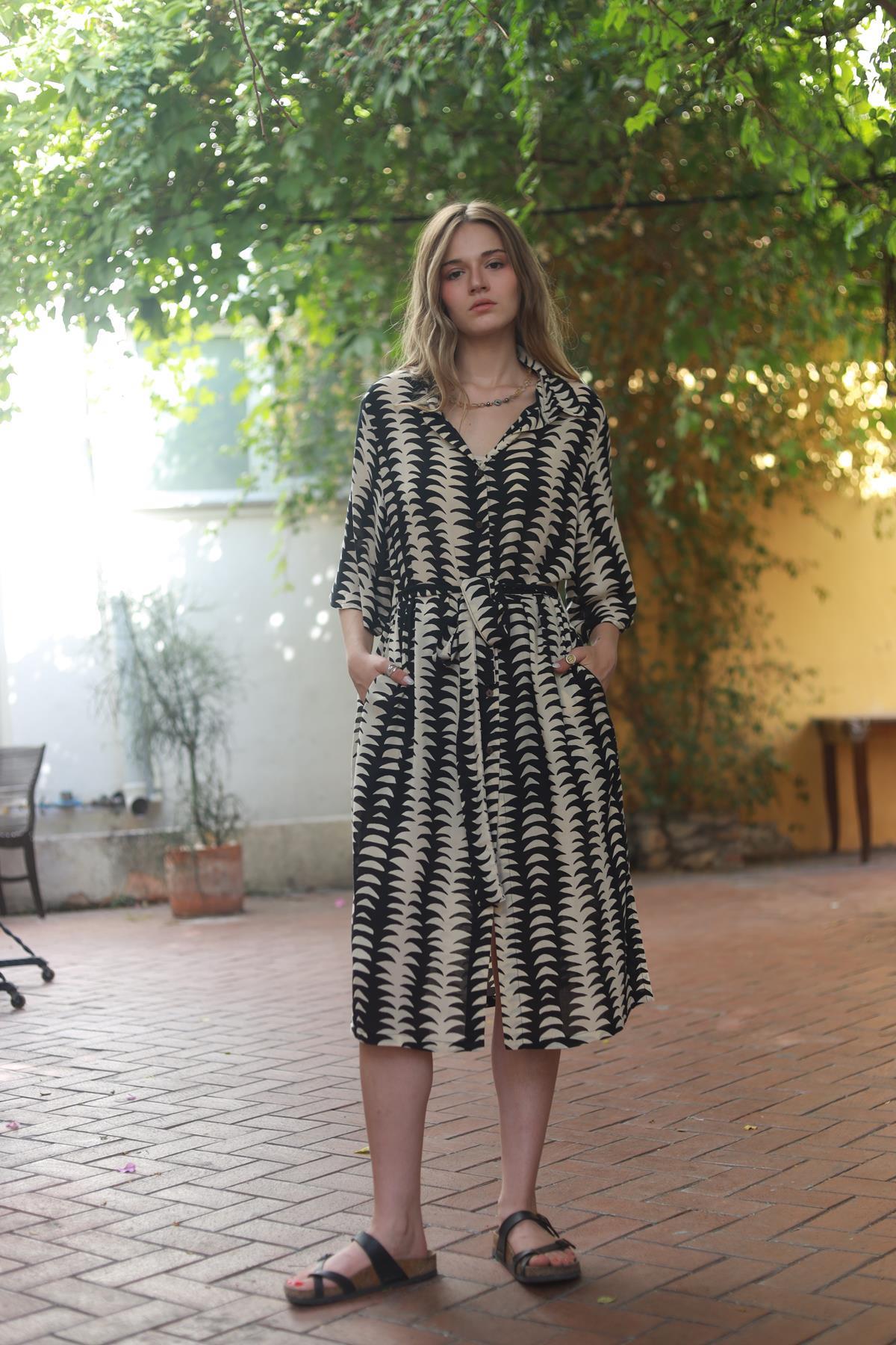 Black Patterned Belted Shirt Dress