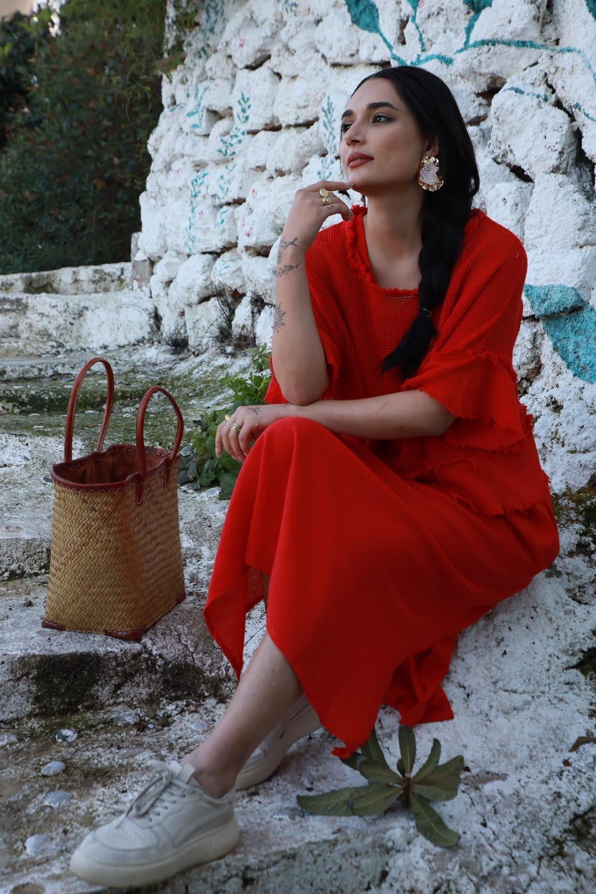 Kırmızı File Bluz Detaylı Askılı Elbise