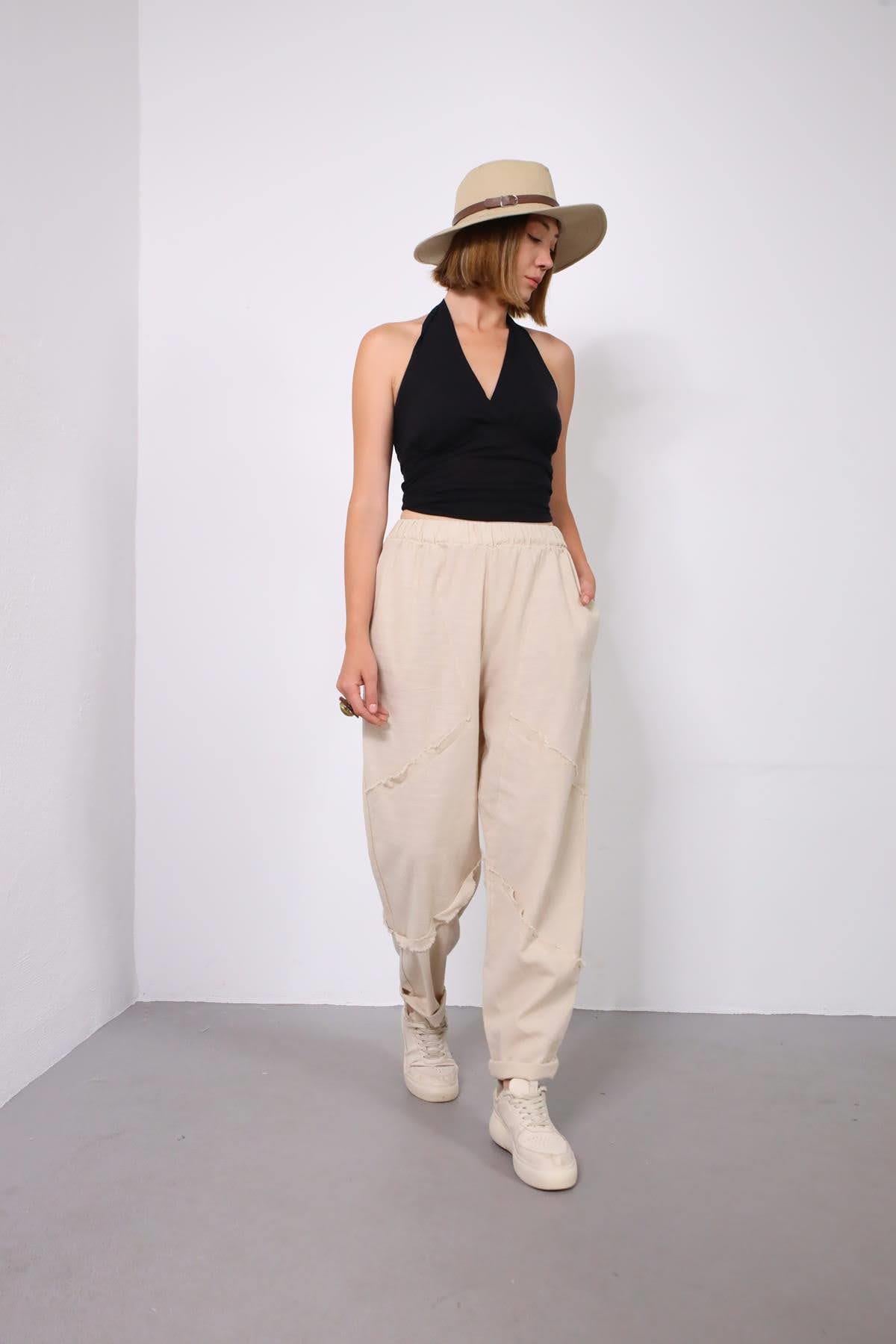 Krem Rengi Püsküllü Dikiş Detaylı Keten Pantolon - Şaman Butik Krem Rengi Püsküllü Dikiş Detaylı Keten Pantolon