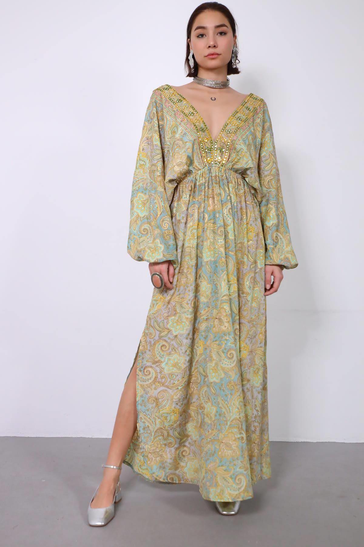 Su Yeşili Önü Arkası V Yaka Yırtmaçlı Otantik İpek Elbise - Şaman Butik Su Yeşili Önü Arkası V Yaka Yırtmaçlı Otantik İpek Elbise