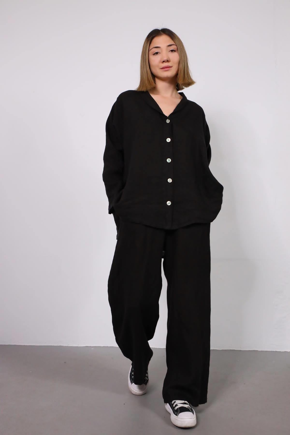 Siyah Cep Detaylı Gömlek Pantolon Keten Takım - Şaman Butik Siyah Cep Detaylı Gömlek Pantolon Keten Takım