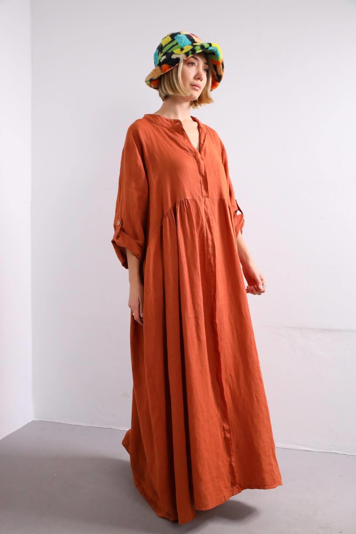 Kiremit Rengi Kolu Apoletli Hakim Yaka Keten Elbise - Şaman Butik Kiremit Rengi Kolu Apoletli Hakim Yaka Keten Elbise