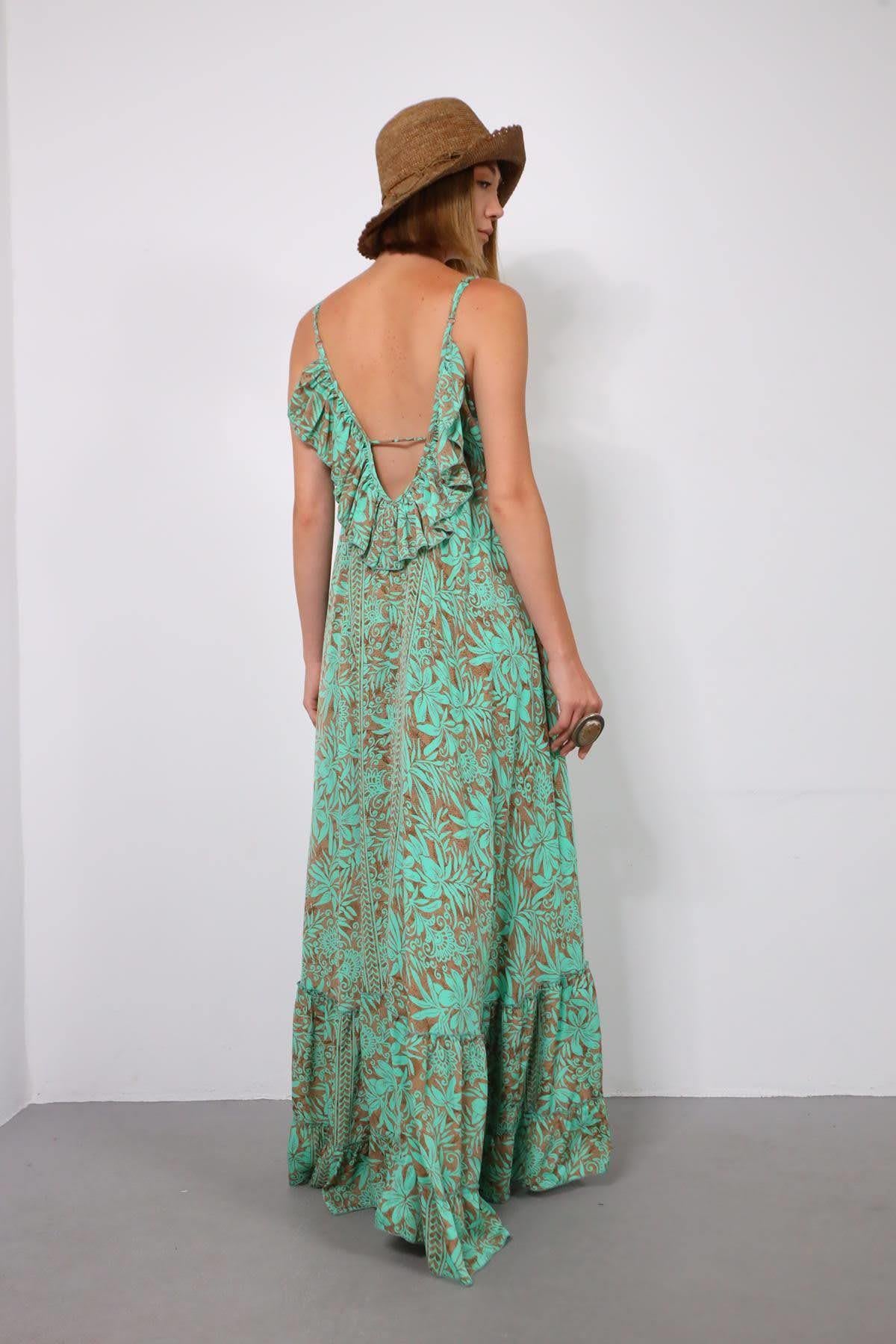 Mint Yeşili Arkası Fırfırlı Askılı İpek Elbise - Şaman Butik Mint Yeşili Arkası Fırfırlı Askılı İpek Elbise