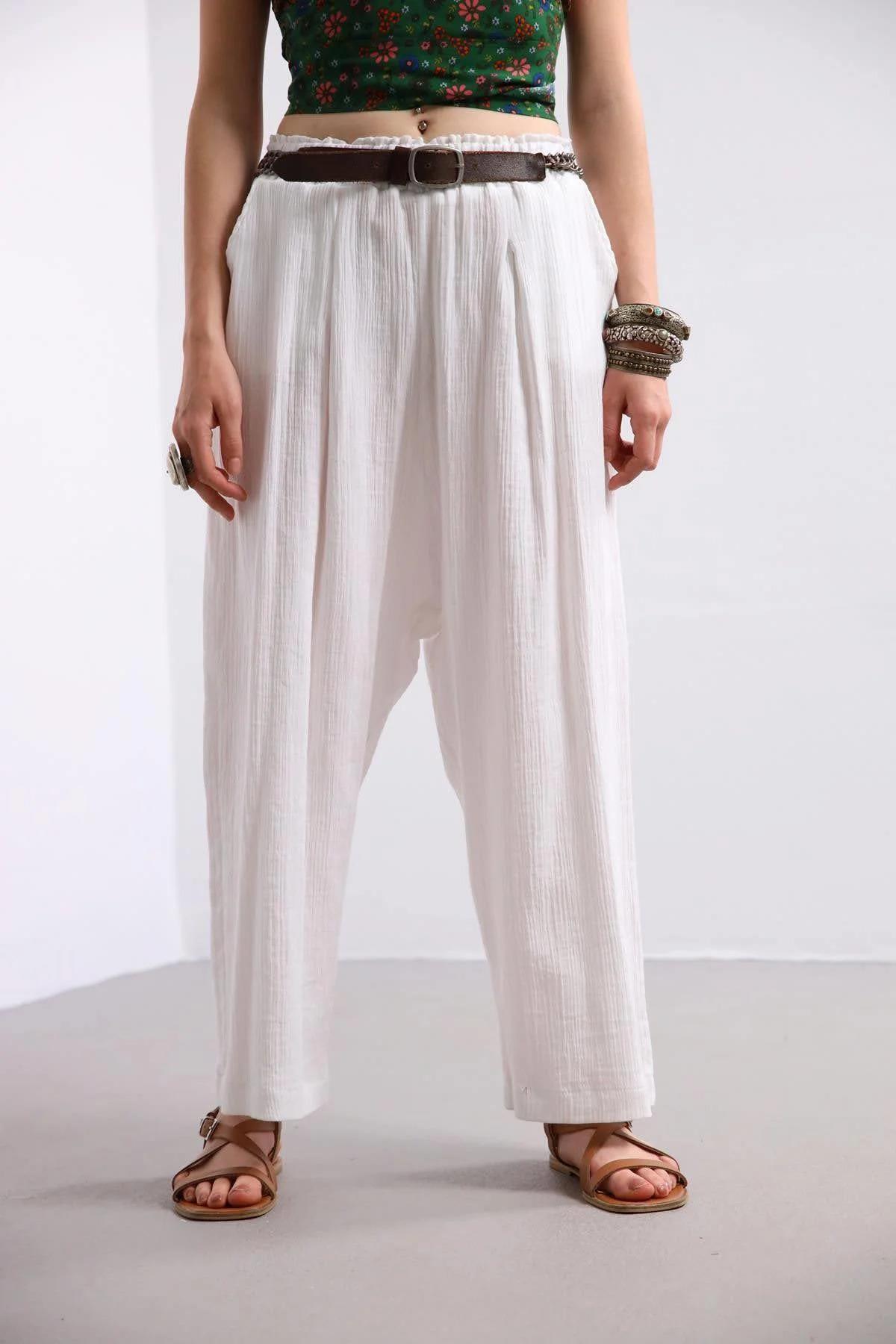 Beyaz Düşük Ağlı Pantolon - Şaman Butik Beyaz Düşük Ağlı Pantolon
