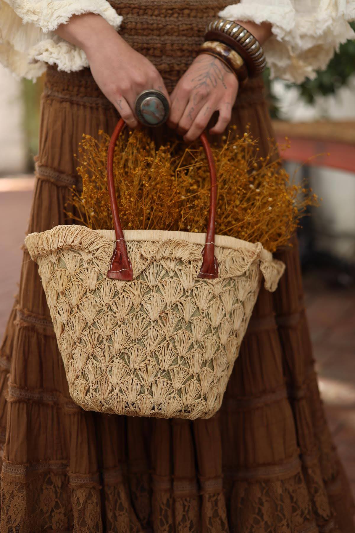 Straw Knitted Leather Handle Bag