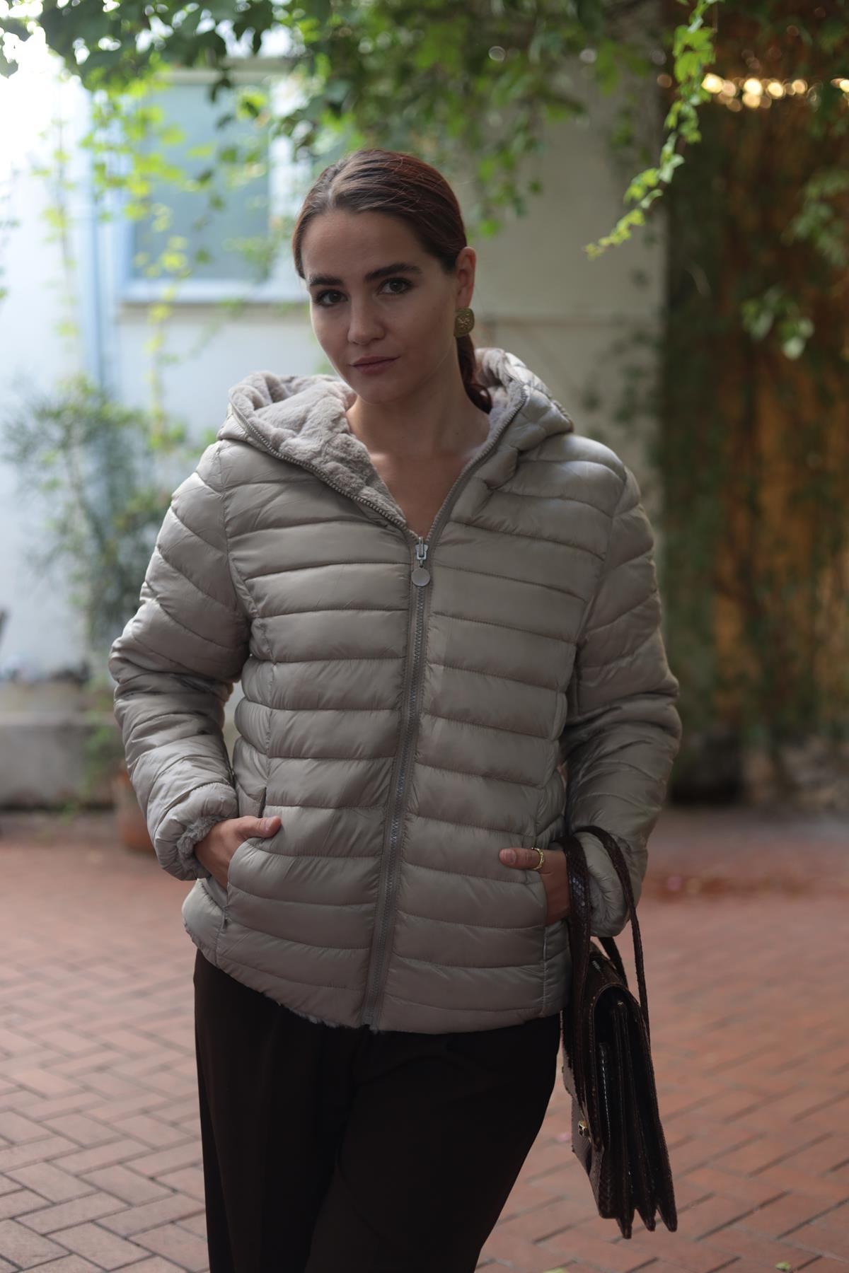 Vizon Rengi Kürklü Çift Taraflı Kapitone Mont