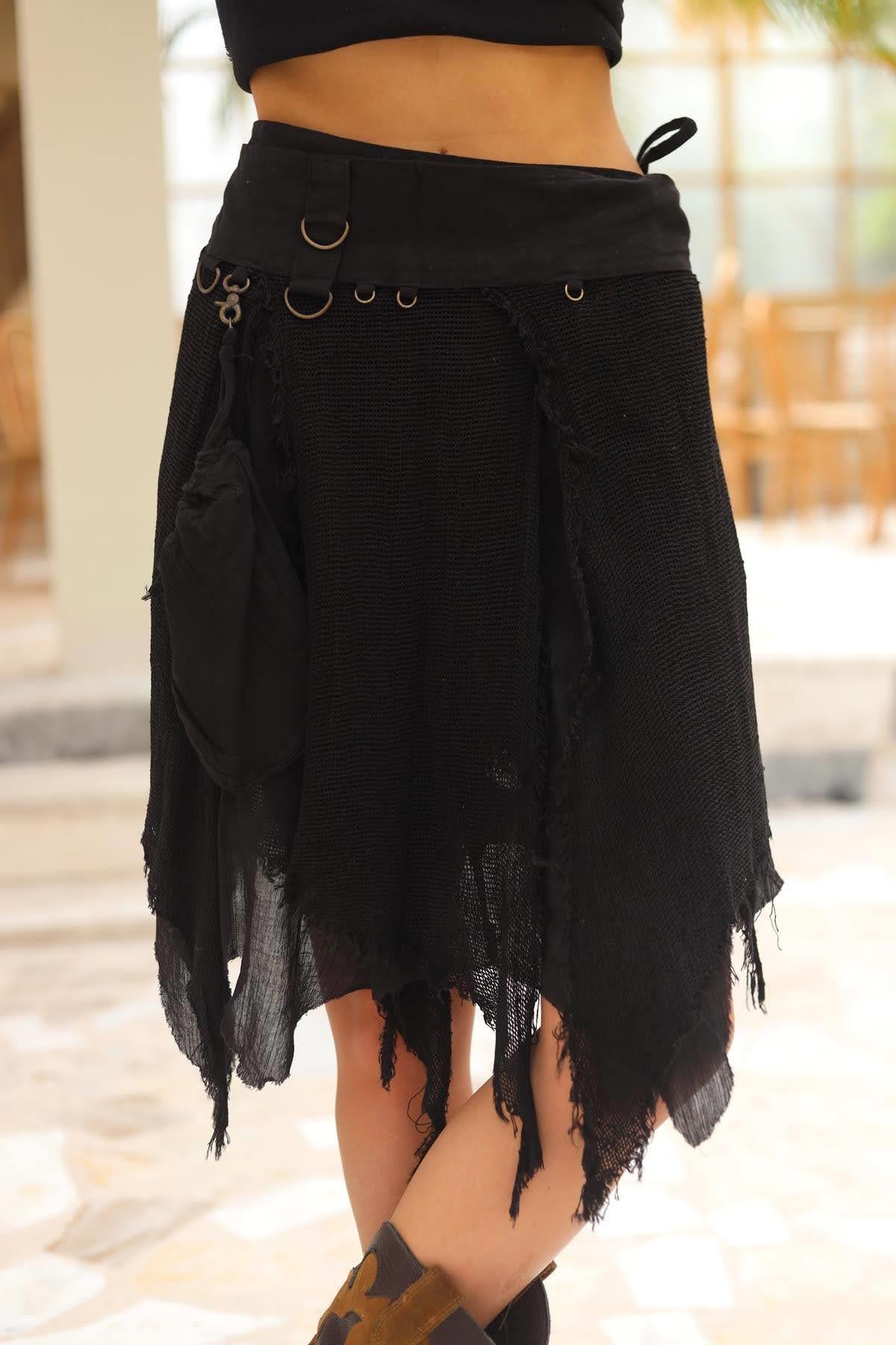 Siyah Parçalı Astarlı Cep Detaylı Mini File Etek