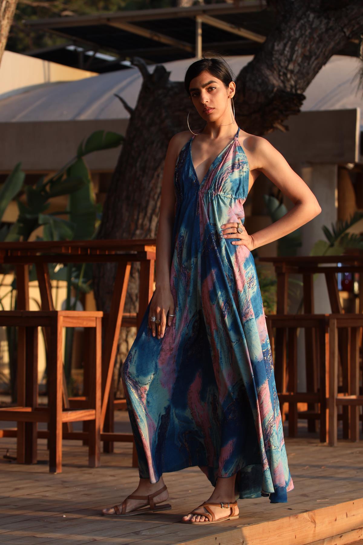 Turkuaz Bağlamalı İp Askılı Sırt Dekolteli İpek Elbise