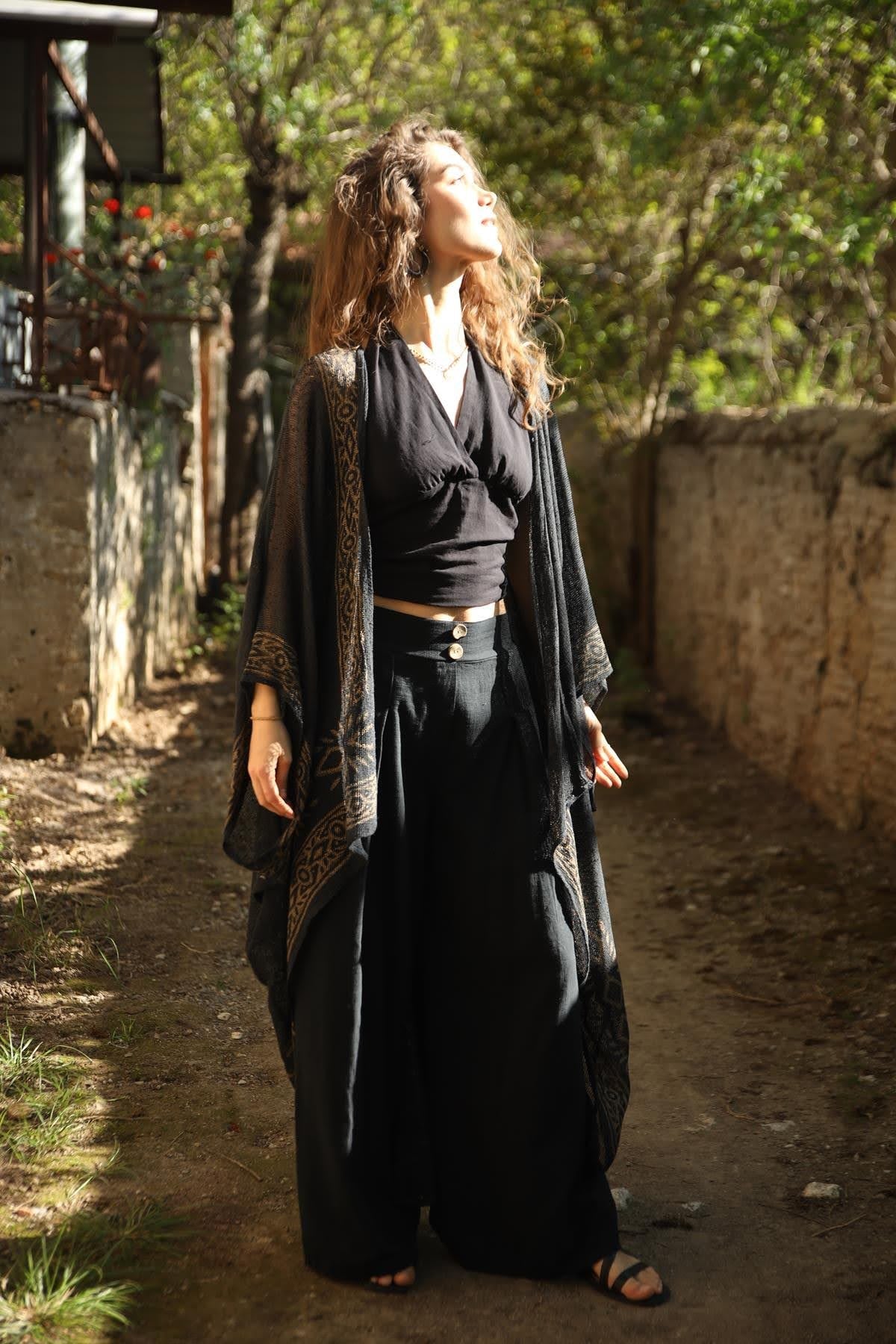 Siyah Otantik Baskılı File Kimono
