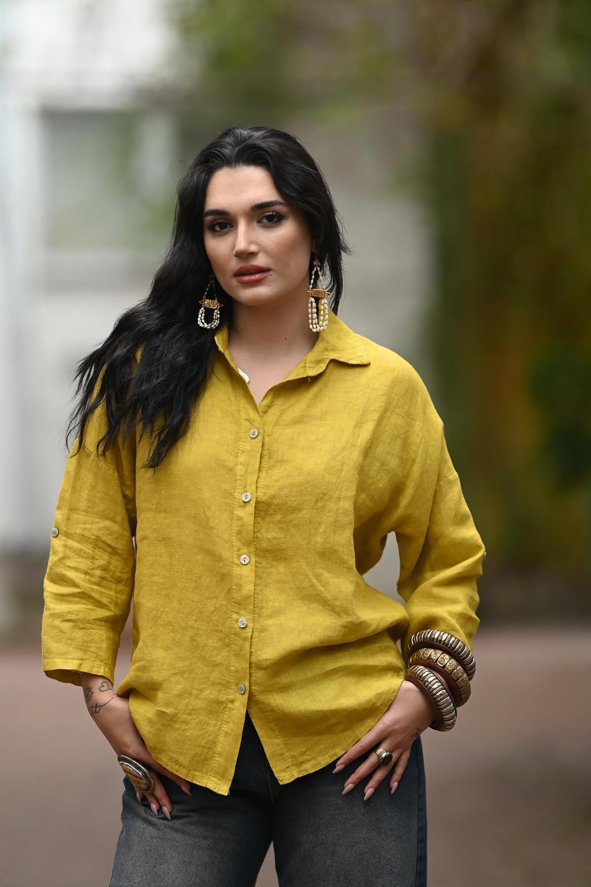 Mustard Color Oval Cut Linen Shirt