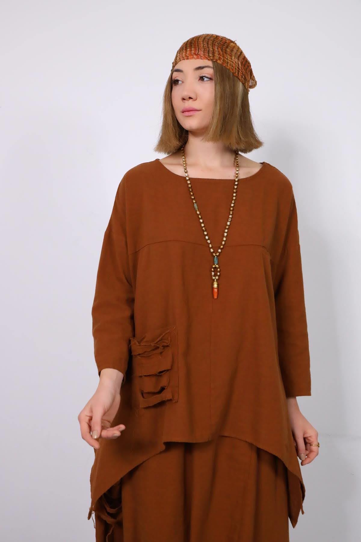  Acı Kahve Cebi Yırtık Parça Detaylı Salaş Keten Bluz