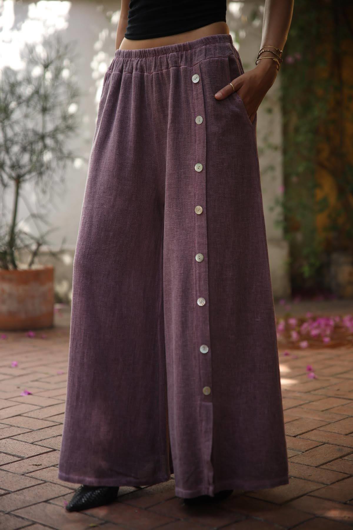 Eflatun Düğme Detaylı Soft Keten Pantolon