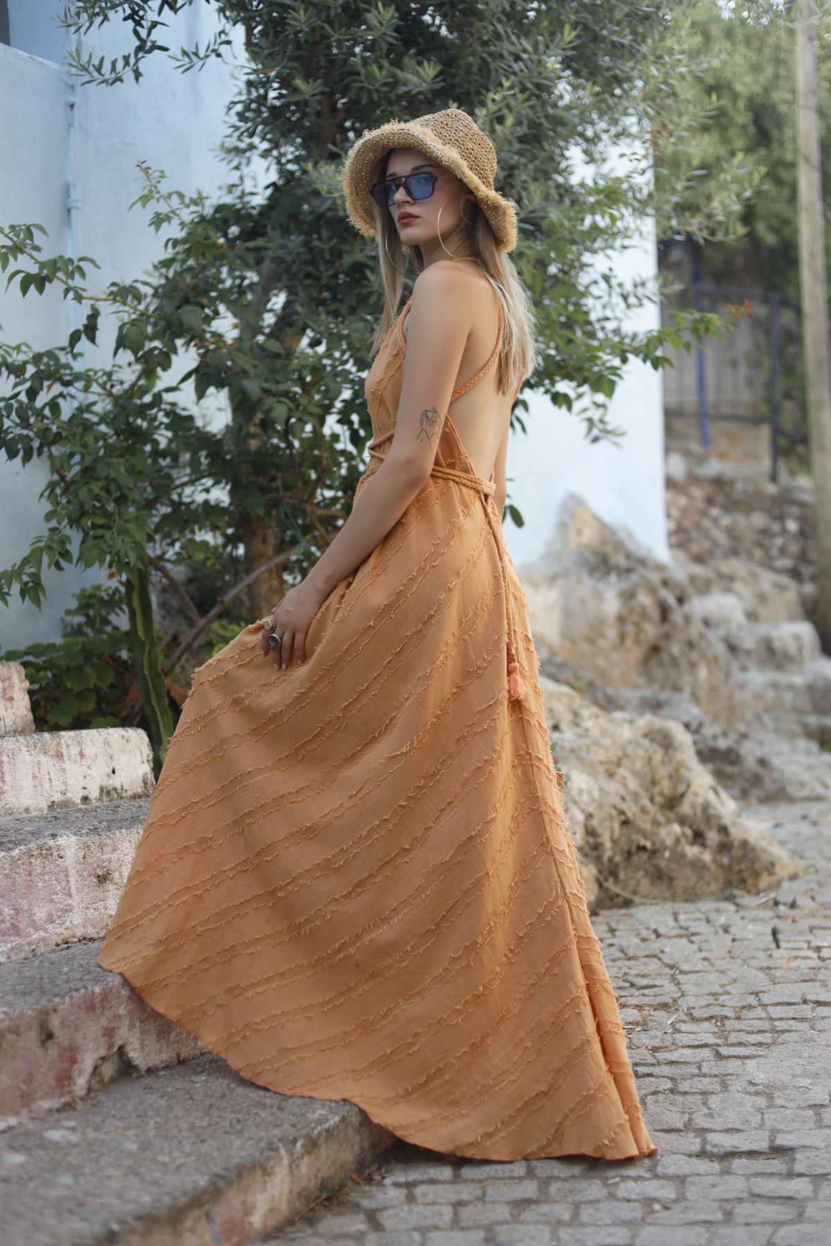 Salmon Color Fringed Authentic Patterned Dress