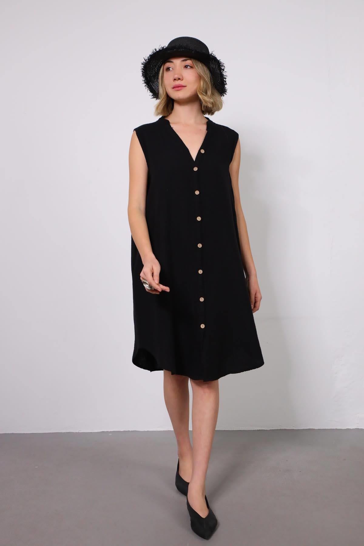 Siyah Hakim Yaka Kolsuz Gömlek Elbise - Şaman Butik Siyah Hakim Yaka Kolsuz Gömlek Elbise