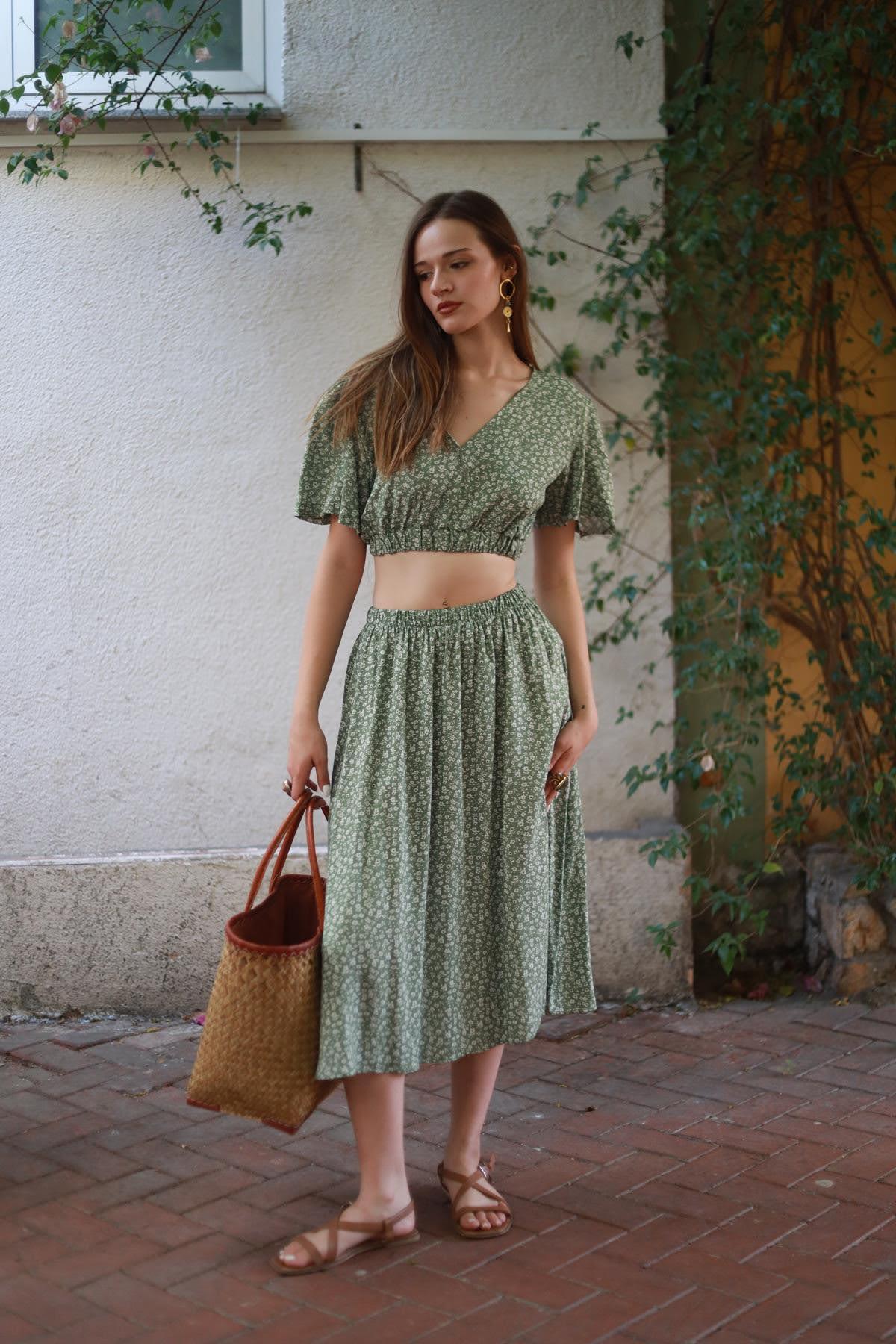 Green Floral Crop and Skirt Set