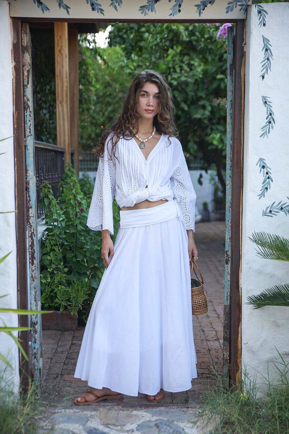 Beyaz Beli Katlı Lastikli Astarlı Etek