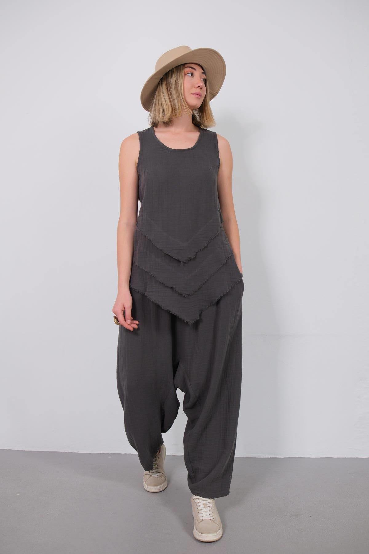  Antrasit Beli İpli Müslin Şalvar