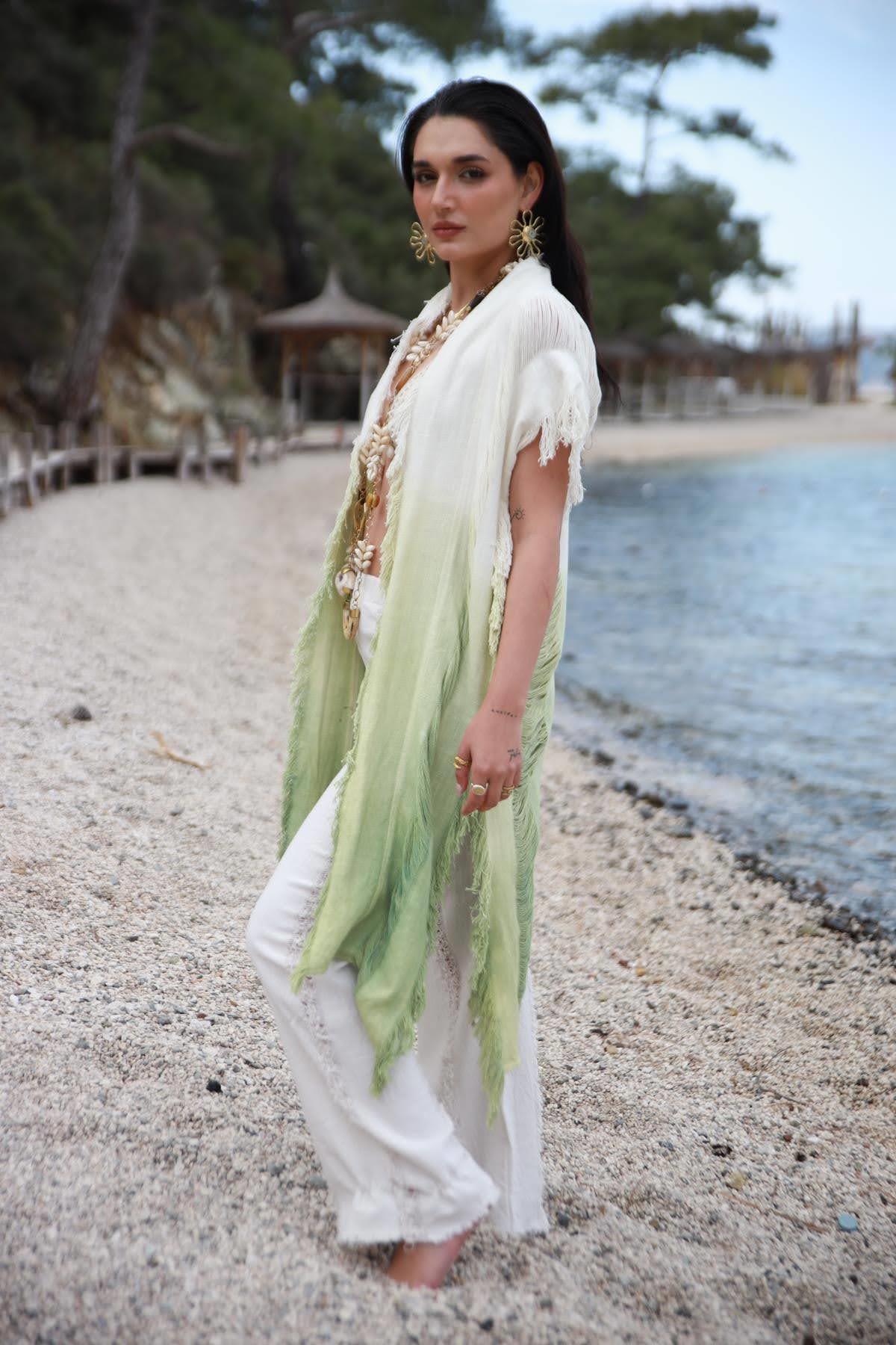 Green Gradient Ripped Stripe Detailed Caftan