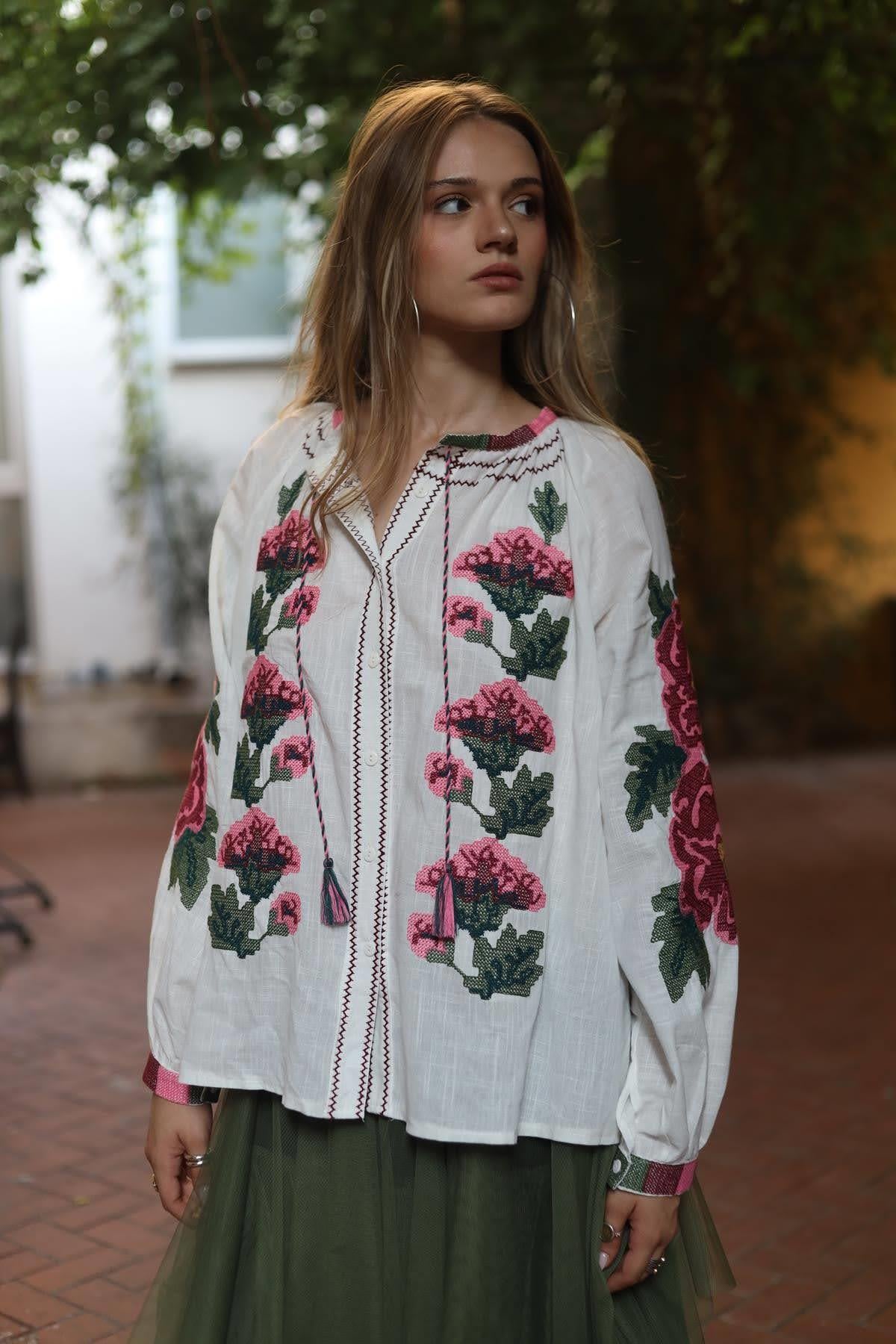 White Patterned Embroidered Shirt