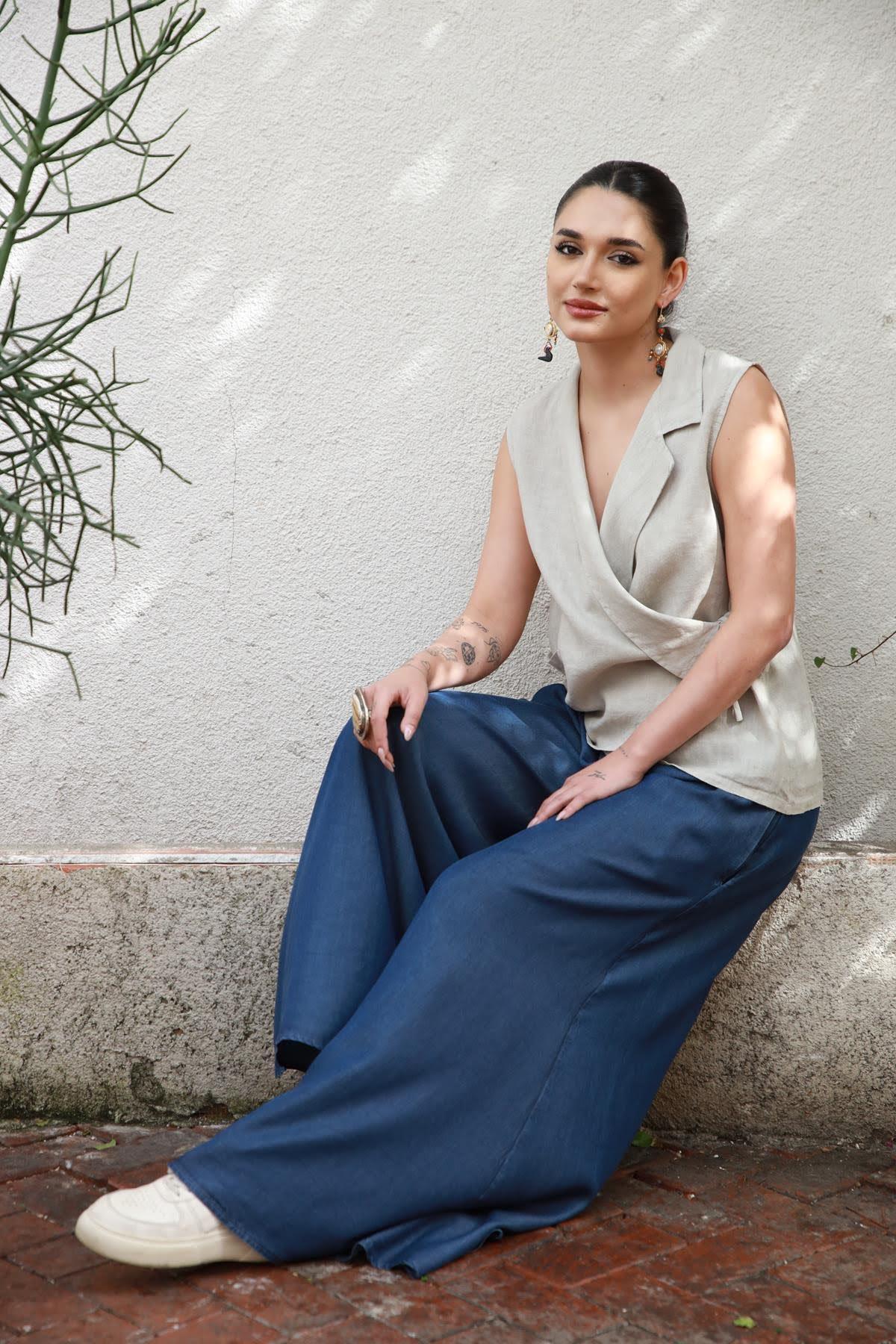 Lacivert Beli Gipeli Geniş Paça Tensel Kot Pantolon