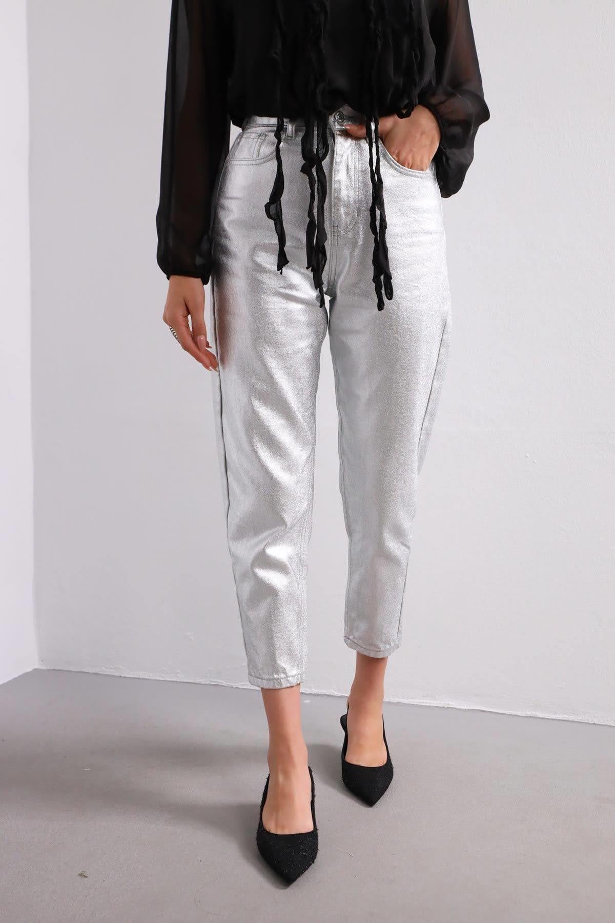 Gümüş Rengi Parlak Kot Pantolon - Şaman Butik Gümüş Rengi Parlak Kot Pantolon