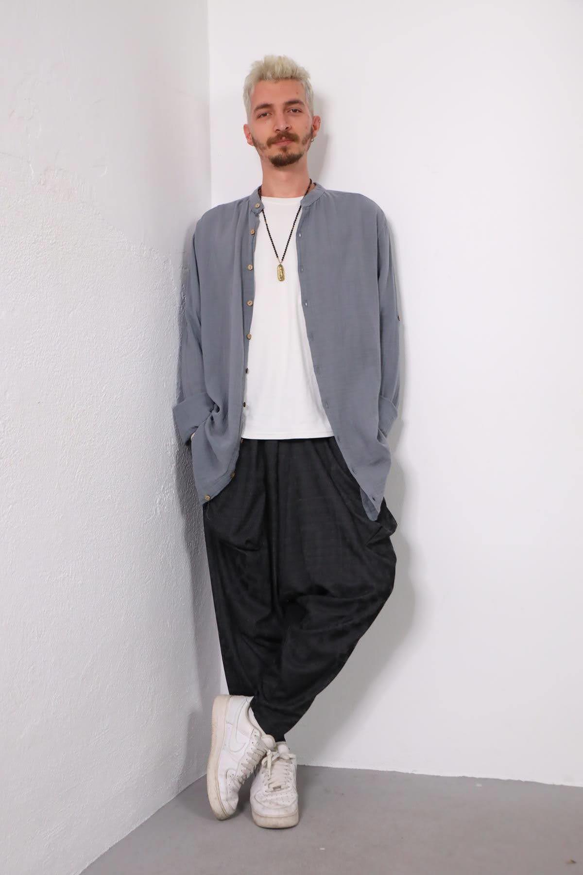 Antrasit Hakim Yaka Müslin Erkek Gömlek - Şaman Butik Antrasit Hakim Yaka Müslin Erkek Gömlek