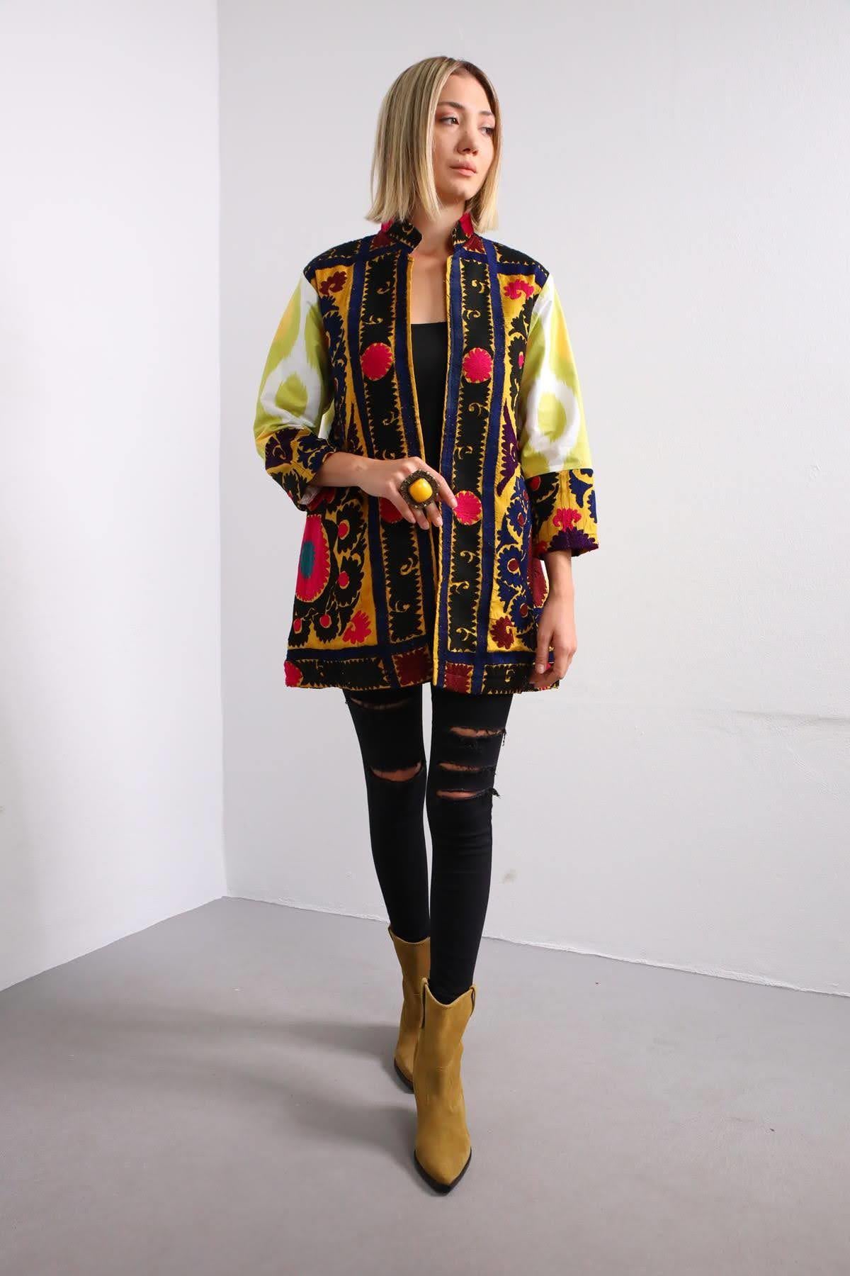 Fıstık Yeşili Suzani Kısa Kaftan - Şaman Butik Fıstık Yeşili Suzani Kısa Kaftan