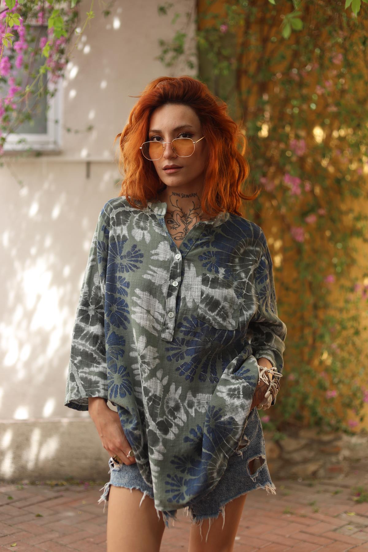 Khaki Tie Dye Patterned Three Button Shirt