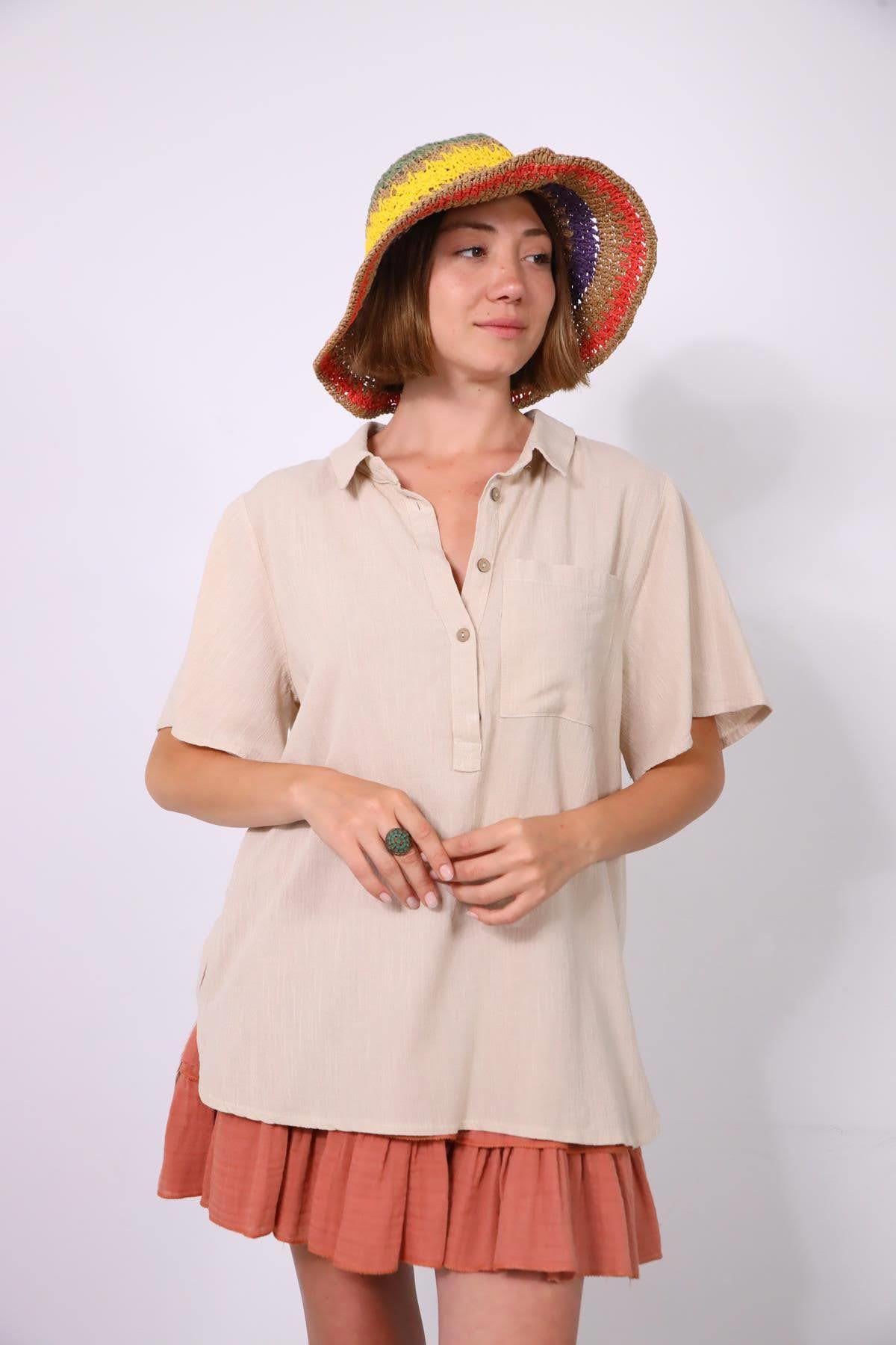 Krem Rengi Yarım Düğmeli Keten Gömlek  - Şaman Butik Krem Rengi Yarım Düğmeli Keten Gömlek