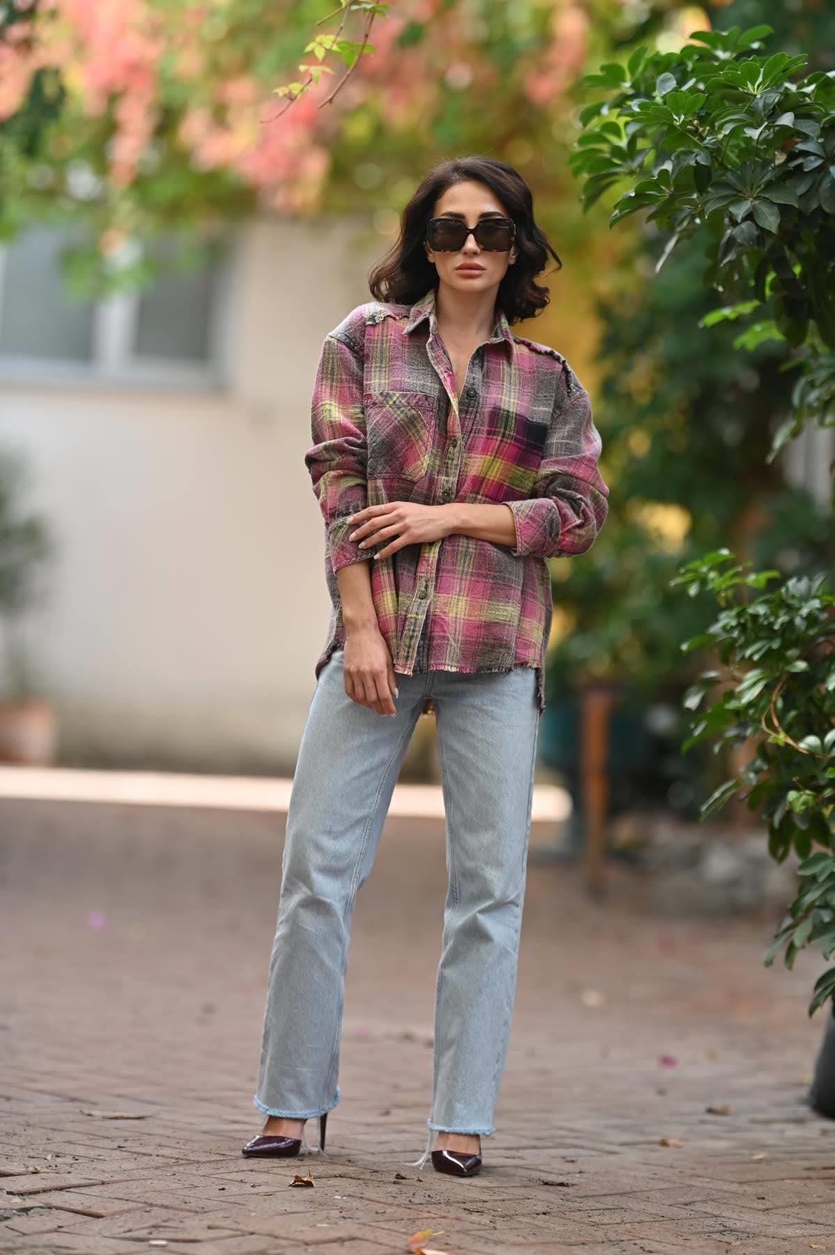 Pembe Eskitme Ekose Cepli Oduncu Gömlek