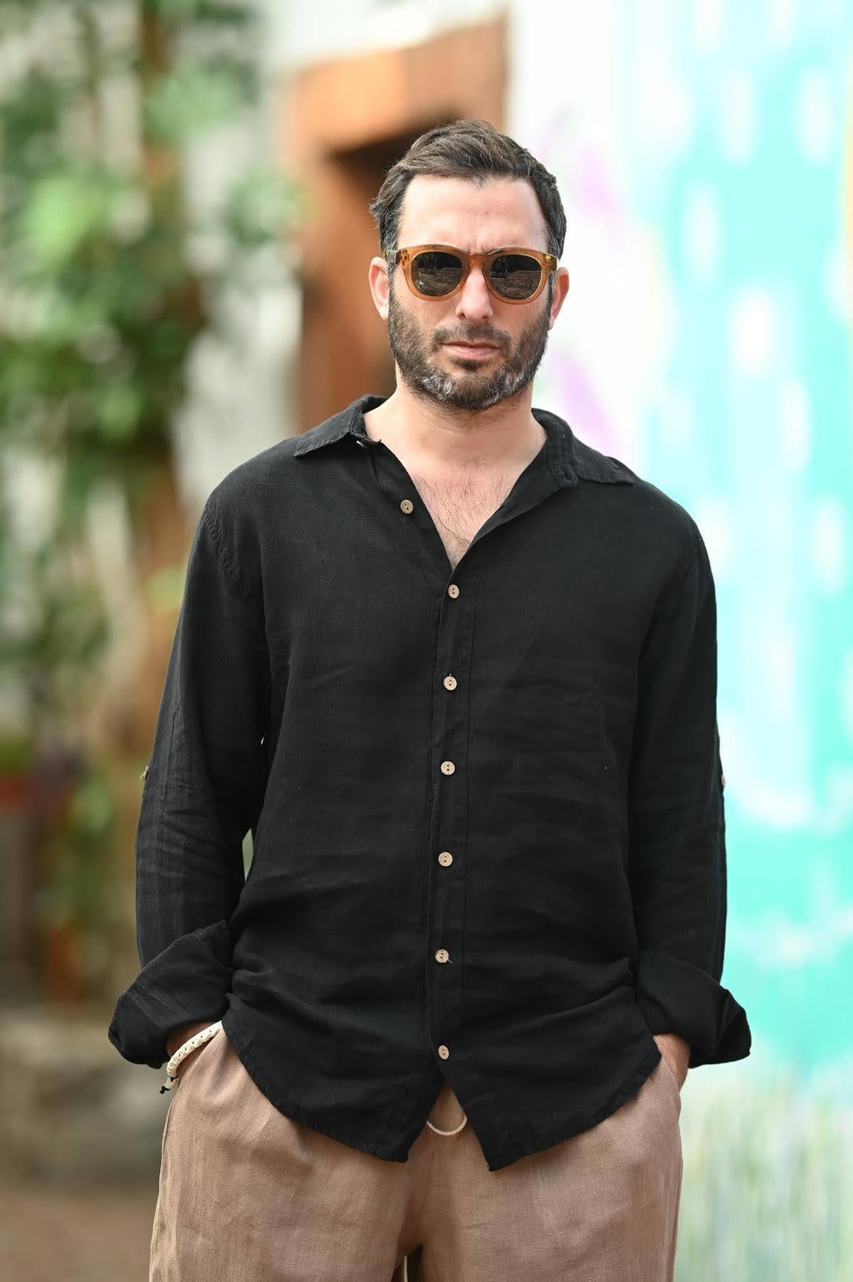 Siyah Keten Klasik Erkek Gömlek