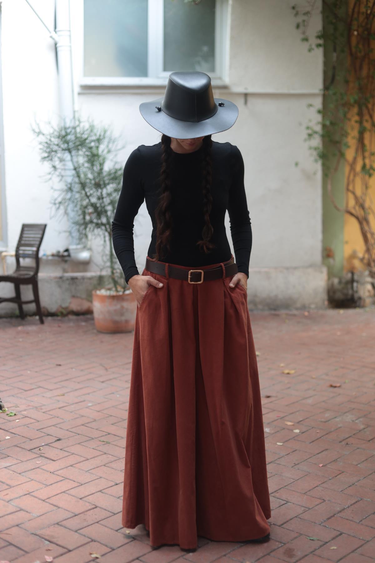 Kiremit Rengi Pileli Geniş Paça Kadife Pantolon