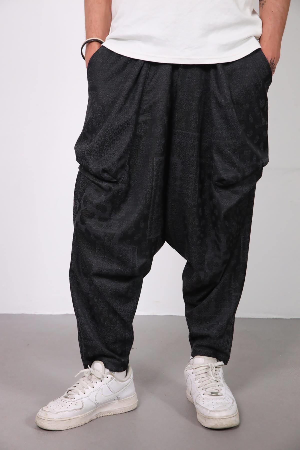 Siyah Torba Cepli Desenli Erkek Şalvar - Şaman Butik Siyah Torba Cepli Desenli Erkek Şalvar