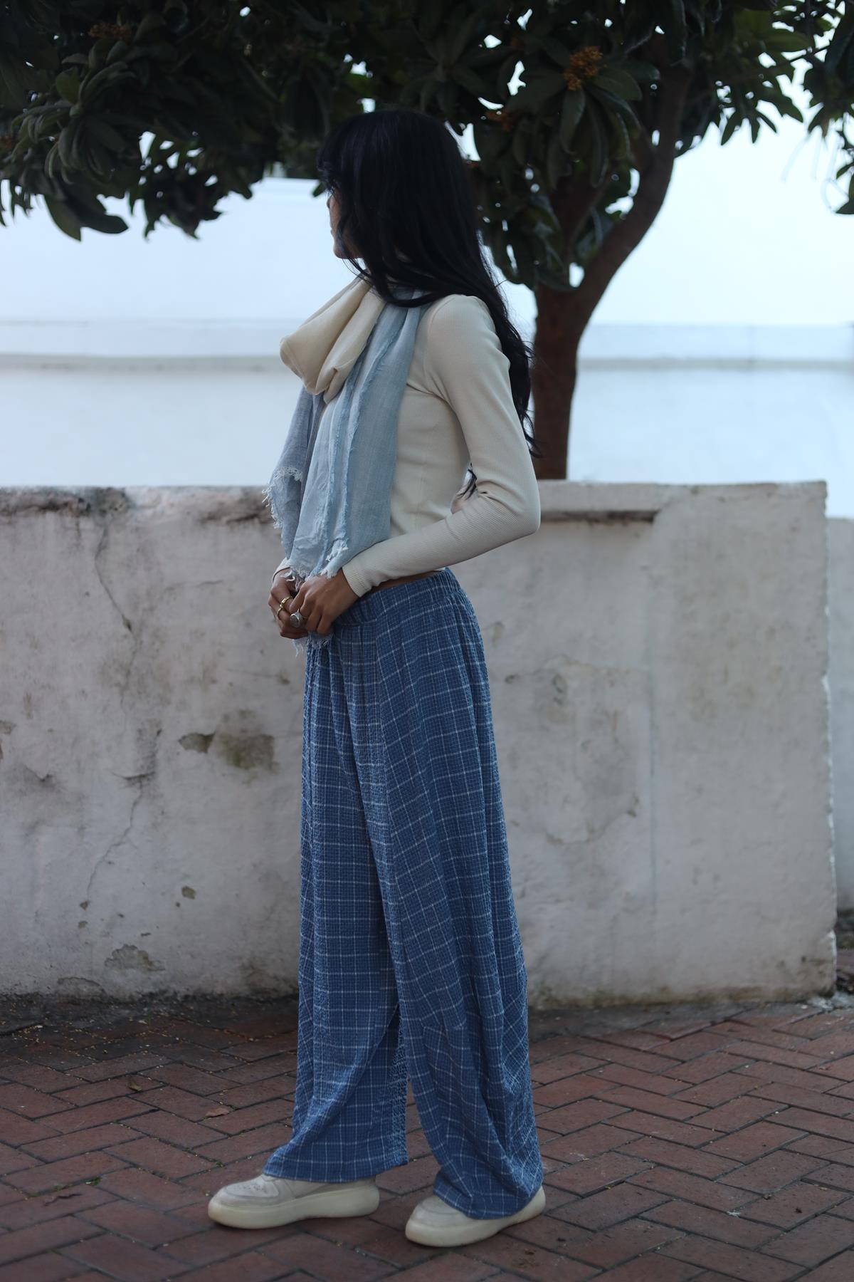 İndigo Mavi Kareli Pantolon