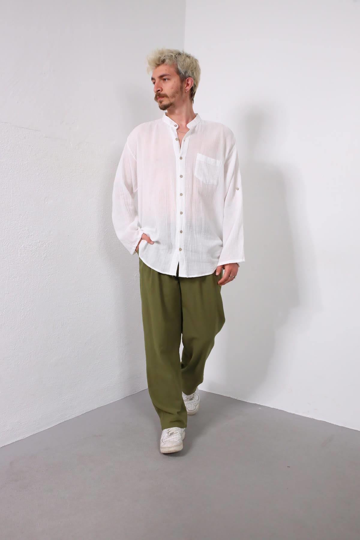 Beyaz Hakim Yaka Müslin Erkek Gömlek - Şaman Butik Beyaz Hakim Yaka Müslin Erkek Gömlek