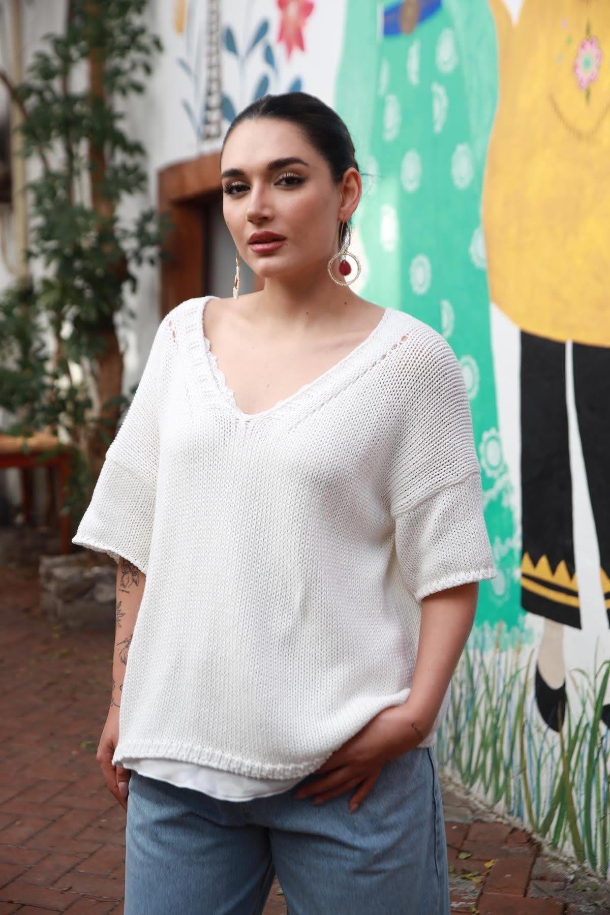 Ecru Openwork V Collar Knitwear