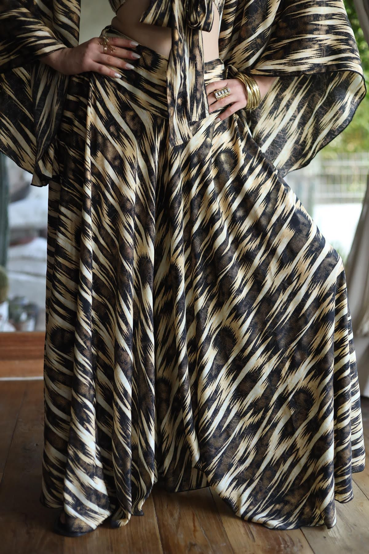 Beige Patterned Silk Pants Skirt