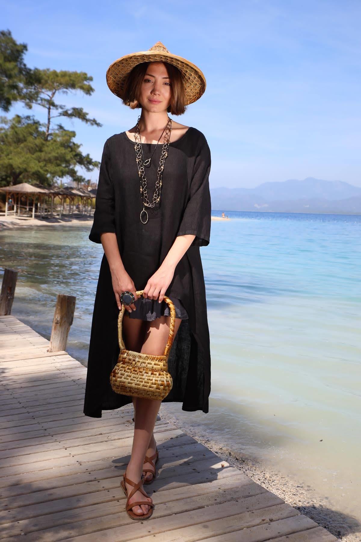 Siyah Bisiklet Yaka Arkası Uzun Keten Tunik - Şaman Butik Siyah Bisiklet Yaka Arkası Uzun Keten Tunik