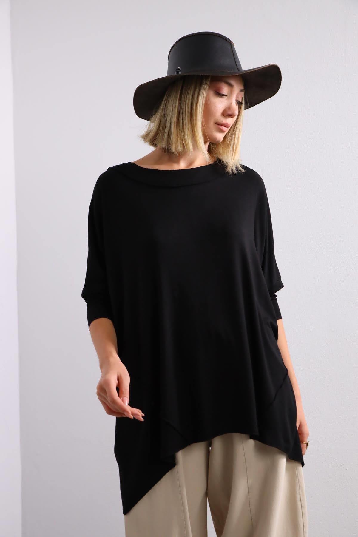 Black Color Boat Neck Stitch Detail Blouse Black Color Boat Neck Stitch Detail Blouse