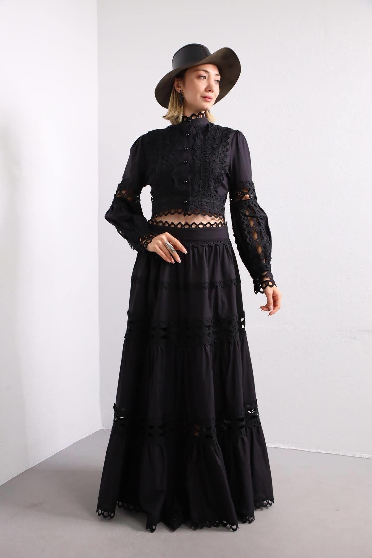 Siyah Güpürlü Gömlek Etek Takım - Şaman Butik Siyah Güpürlü Gömlek Etek Takım