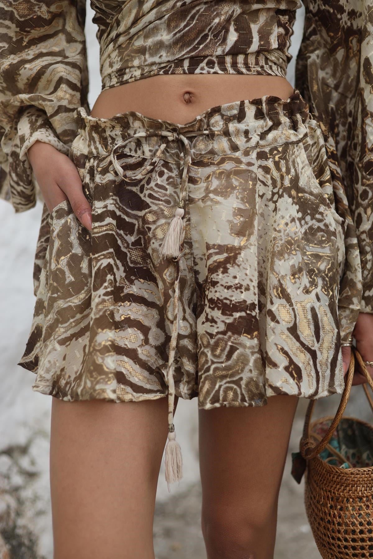 Vizon Rengi Desenli Pamuklu Şort Etek