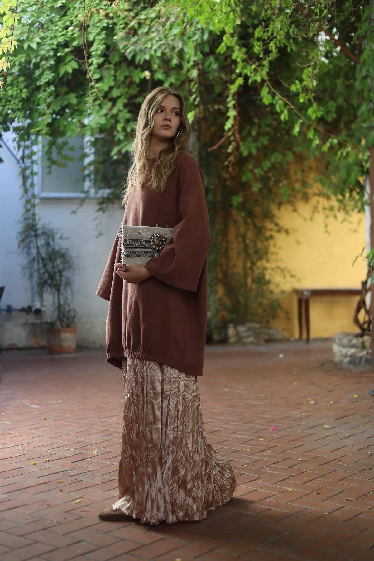 Beige Elastic Waist Crash Skirt