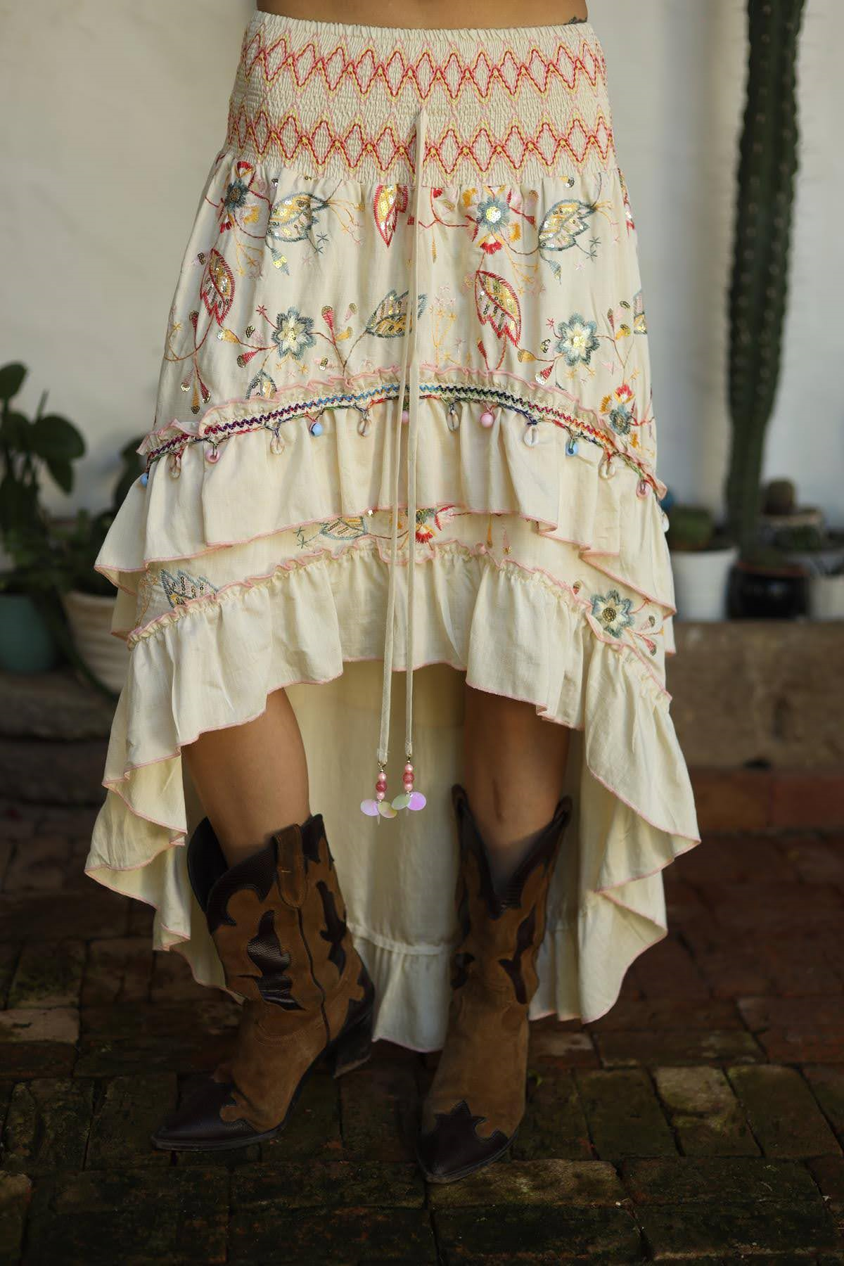 Cream Color Short Front Embroidered Skirt