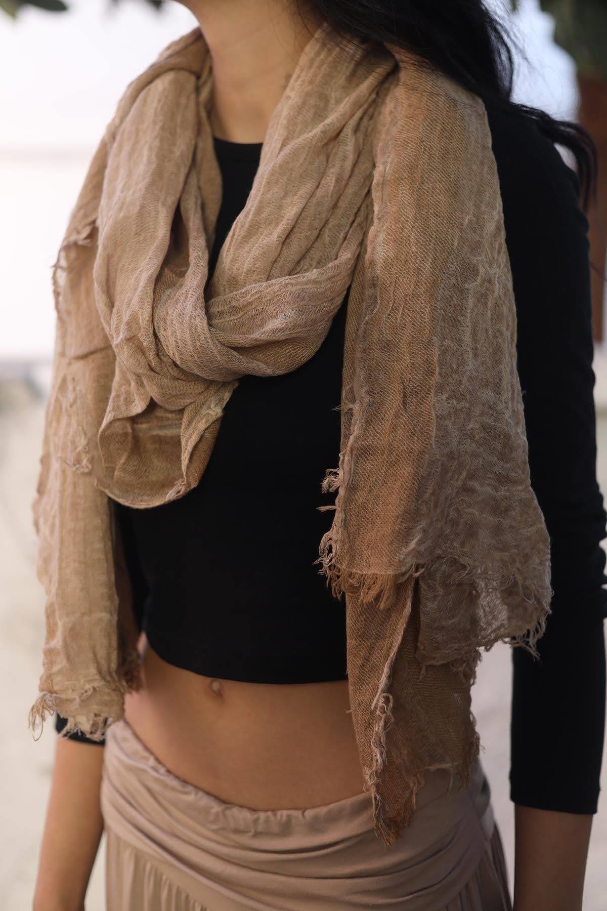 Camel Rengi Parçalı Pamuk Şal