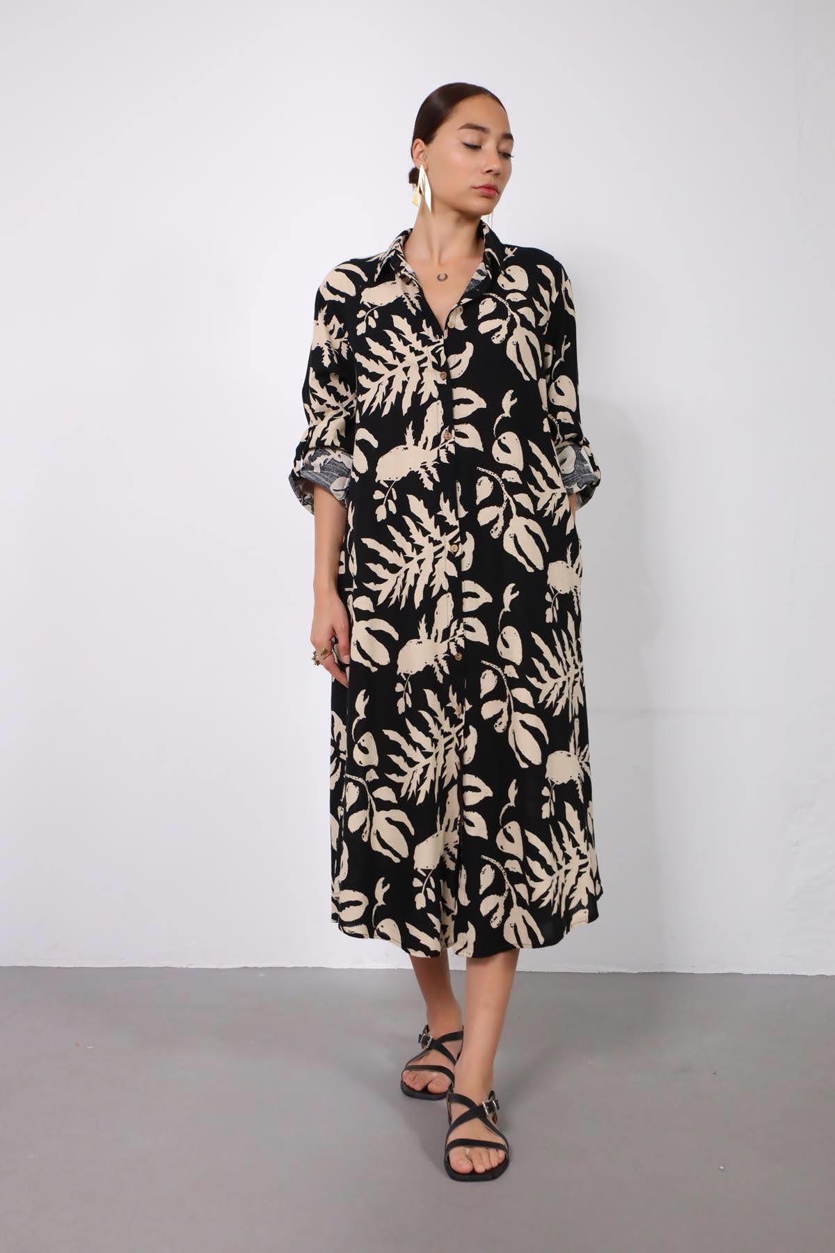 Siyah Desenli Keten Gömlek Elbise - Şaman Butik Siyah Desenli Keten Gömlek Elbise
