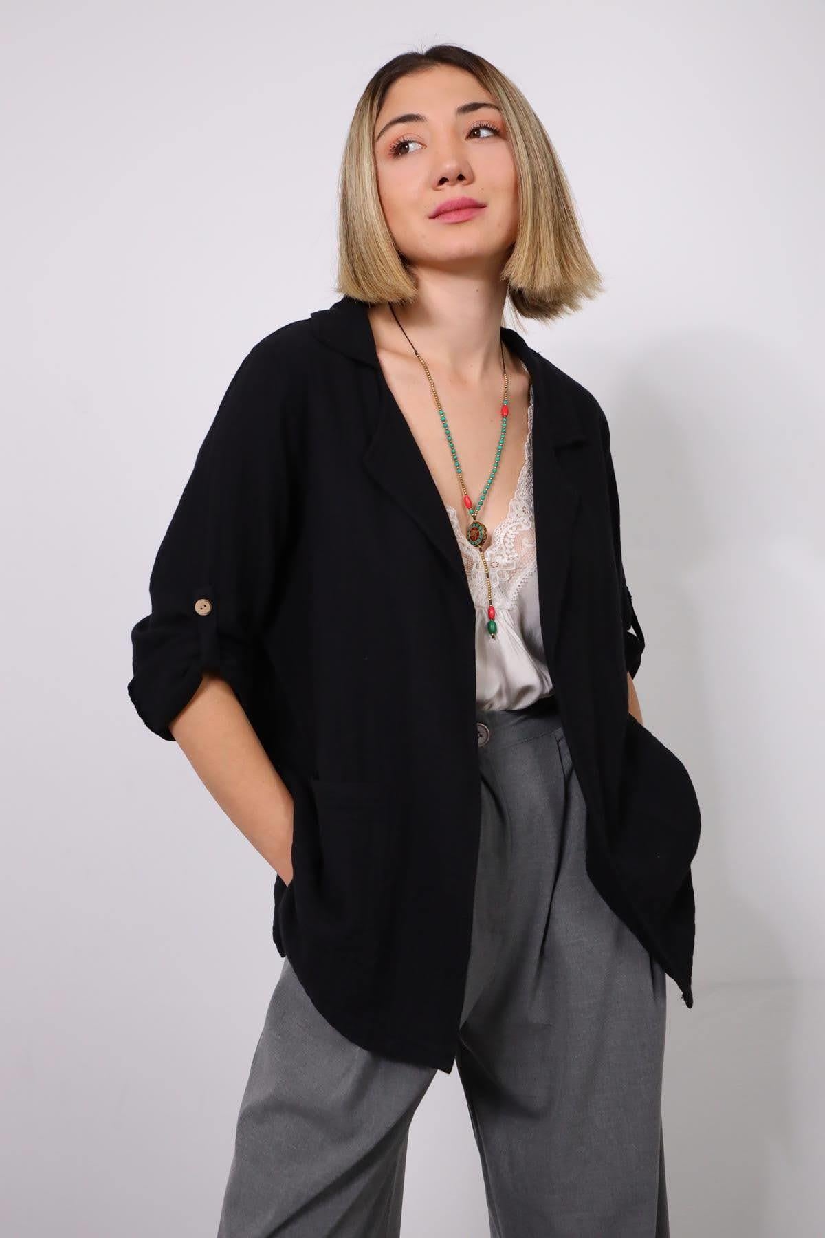 Siyah Önü Cepli Müslin Blazer Ceket - Şaman Butik Siyah Önü Cepli Müslin Blazer Ceket