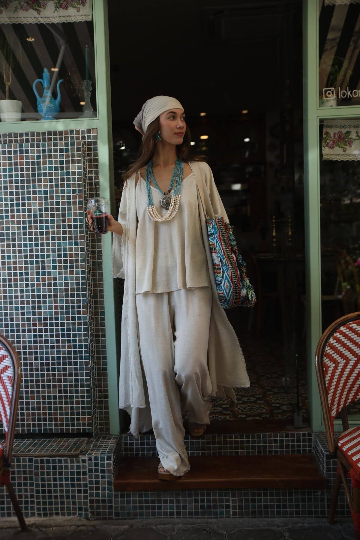 Krem Rengi Püsküllü Salaş Kısa Kollu Kaftan