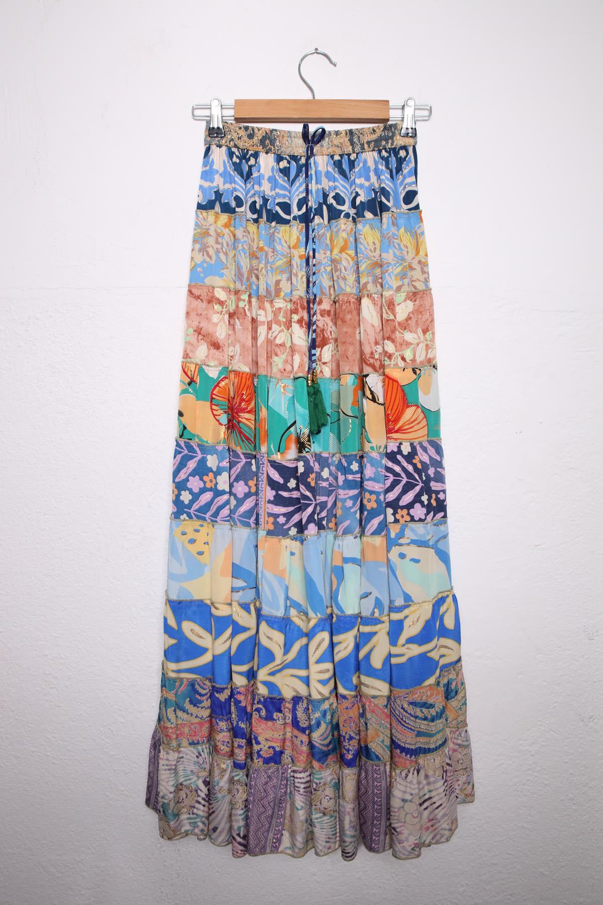 Renkli Patchwork Otantik İpek Etek