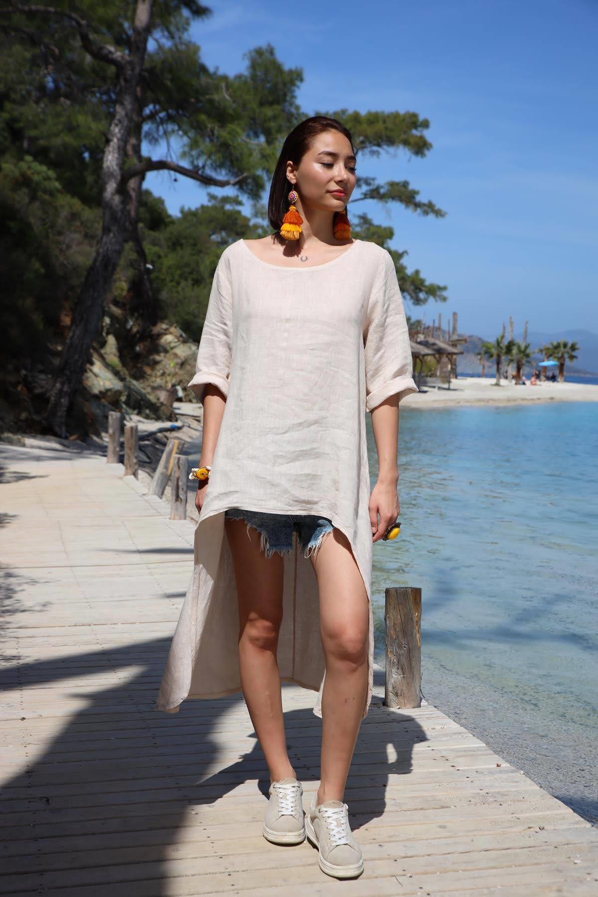 Krem Rengi Bisiklet Yaka Arkası Uzun Keten Tunik - Şaman Butik Krem Rengi Bisiklet Yaka Arkası Uzun Keten Tunik