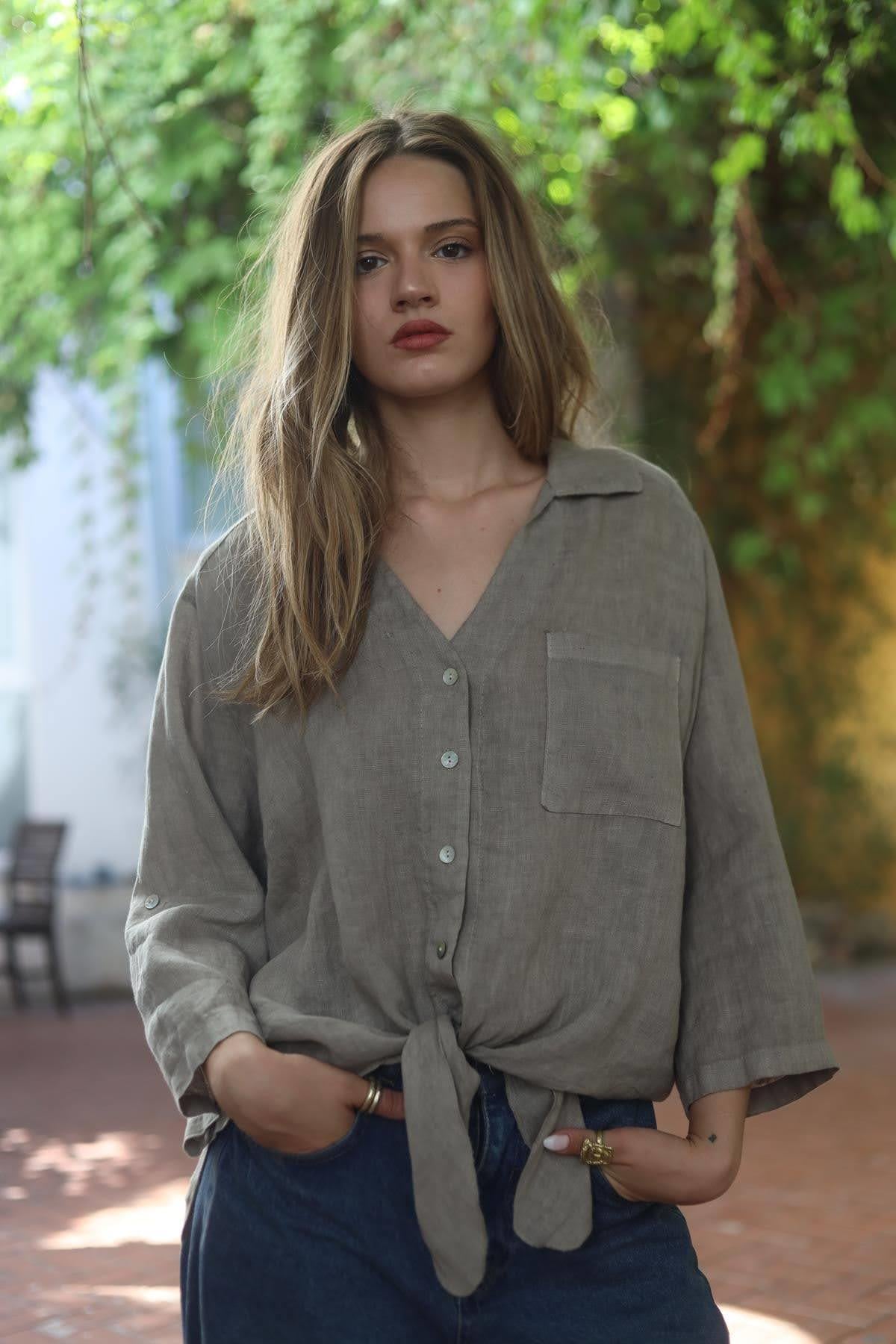 Mink Color Tie Front Linen Shirt